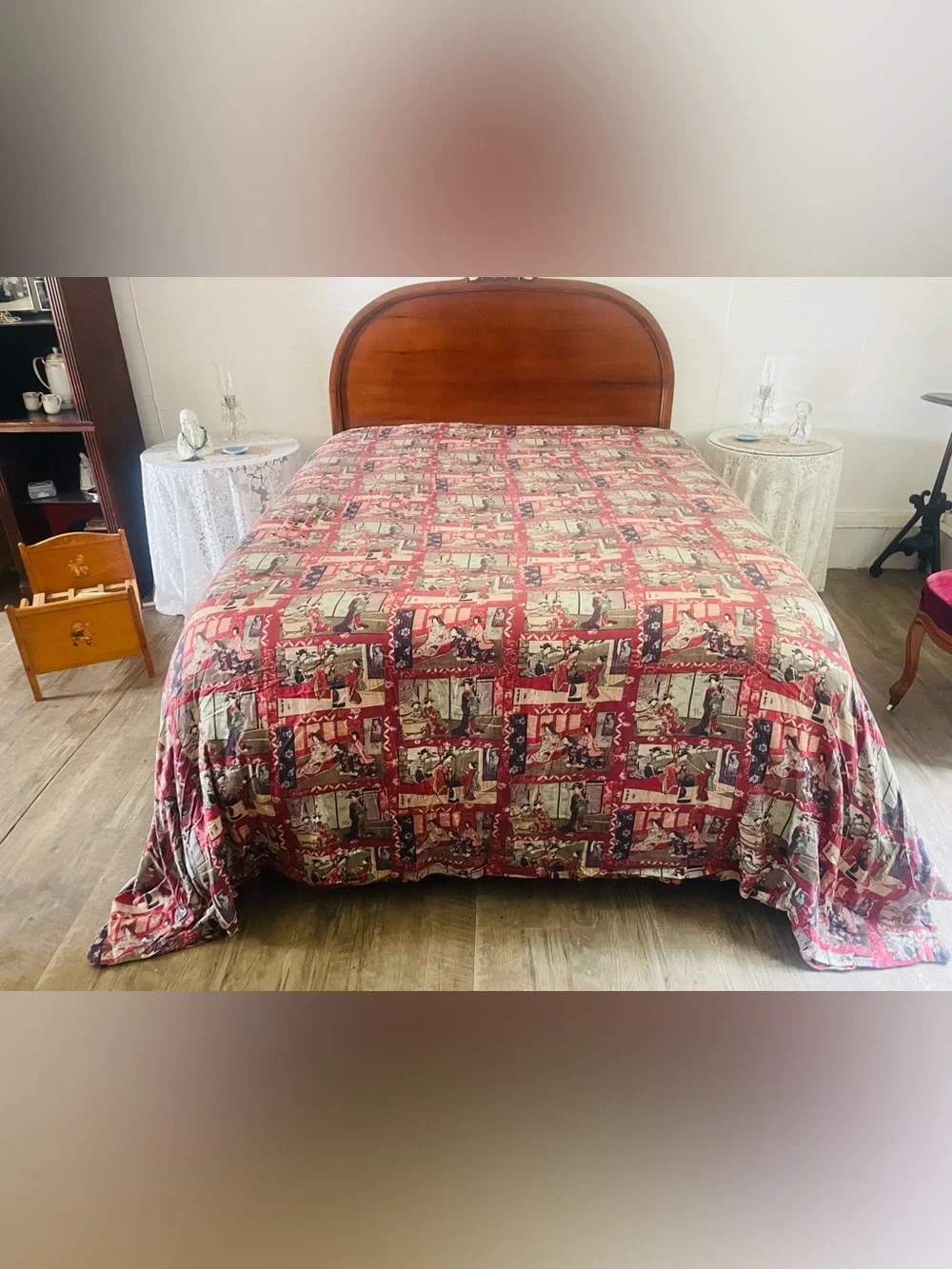 Japanese Duvet Geisha Scenes Ukiyo-e Style Cotton Red Black Green RARE Queen Sz